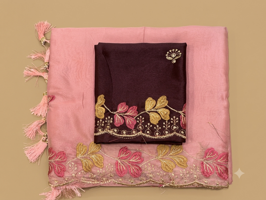 Floral Embroidered Organza Saree with Matching Blouse Piece