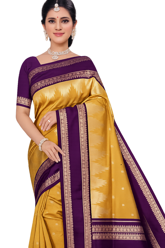 Mustard Yellow & Purple Soft Silk Saree