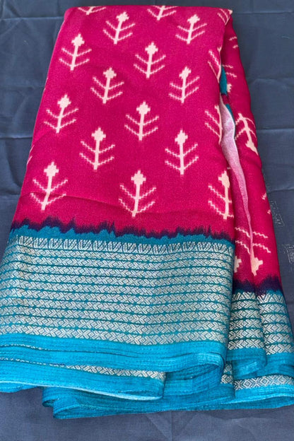 Dola Silk Saree with Contrast Zari Border & Pallu