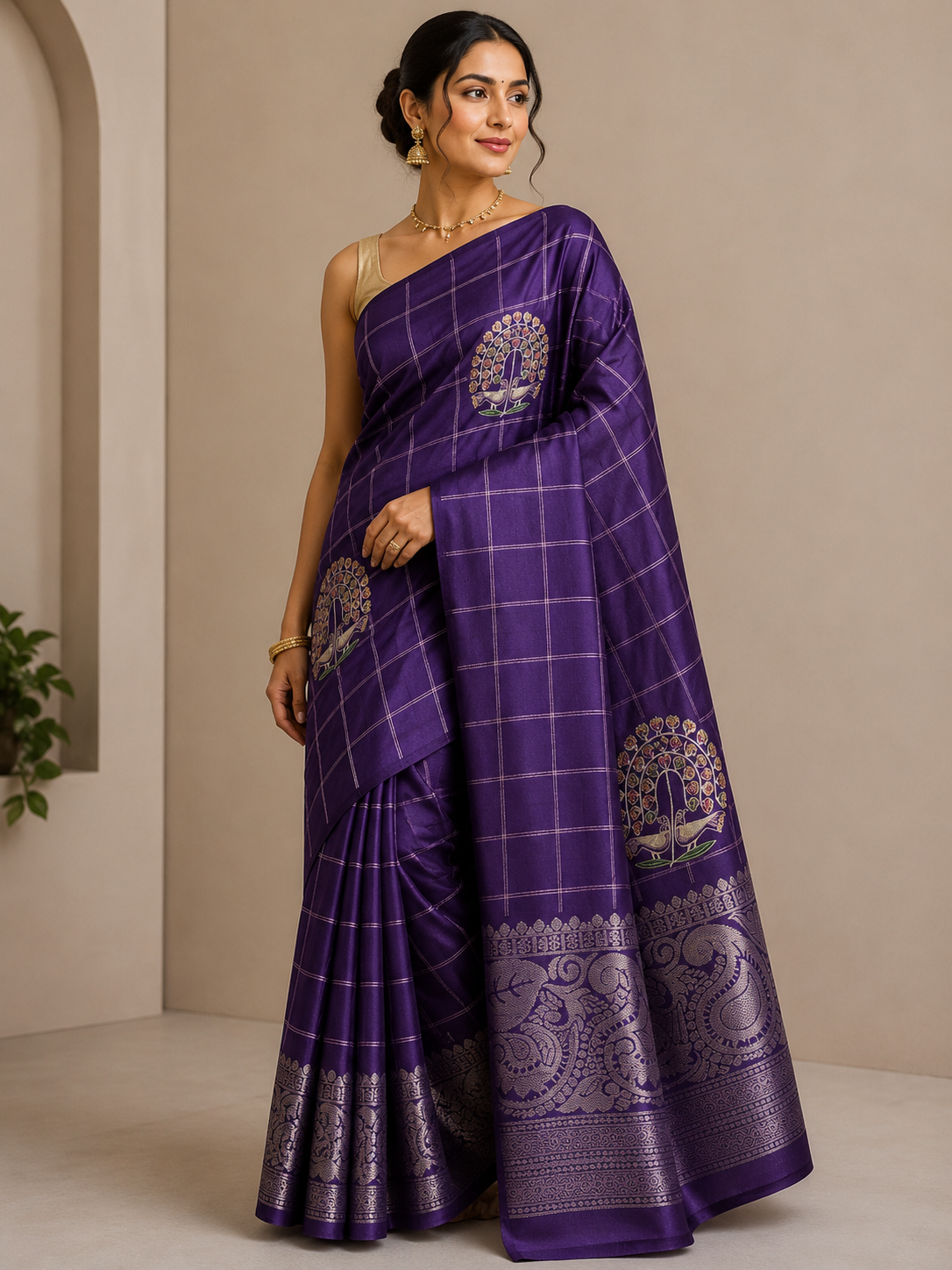 Premium Crepe Saree with Traditional Temple Border & Peacock Pallu