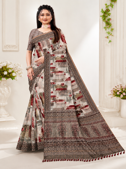 Premium Floral Linen Blend Saree with Designer Border & Tassels
