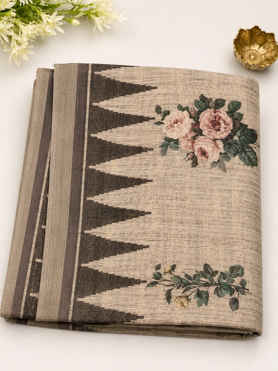 Premium Floral Linen Blend Saree with Designer Border & Tassels