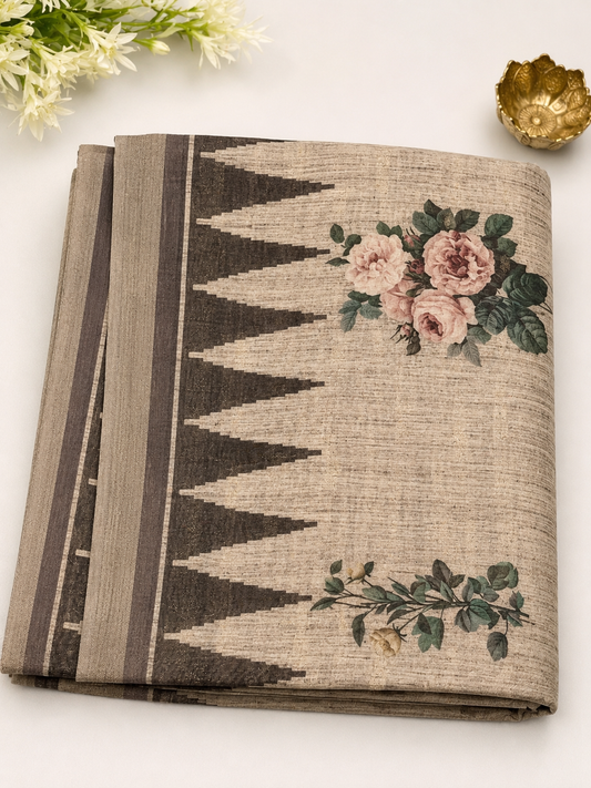 Elegant Floral Linen Saree with Designer Border & Tassels - Perfect for Any Occasion - Saree Fusion
