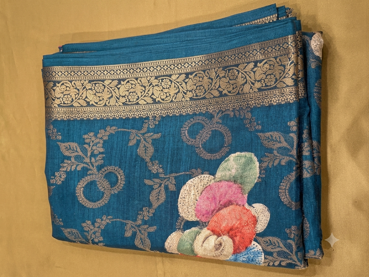 Banarasi Silk Blend Saree with Woven Zari Border & Floral Pallu