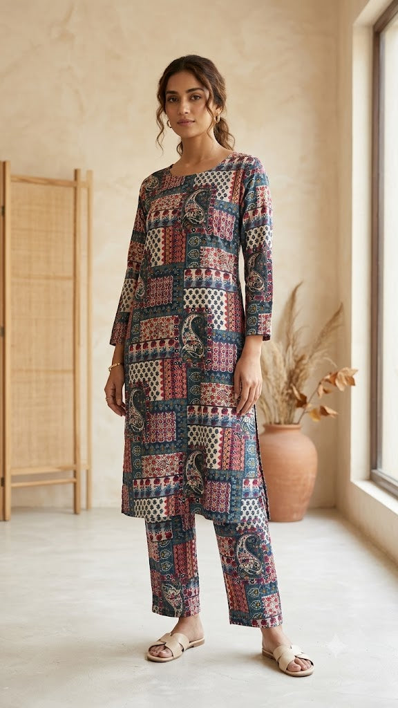 Kalamkari Print Cotton Co-Ord Set | V-Neck Kurta & Pants