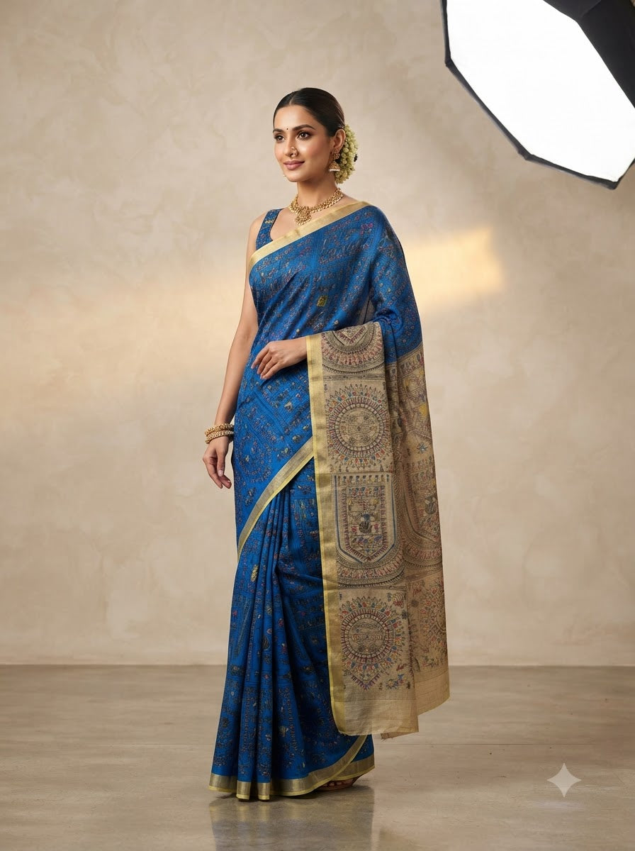 Traditional Printed Cotton Saree with Artistic Motif Design
