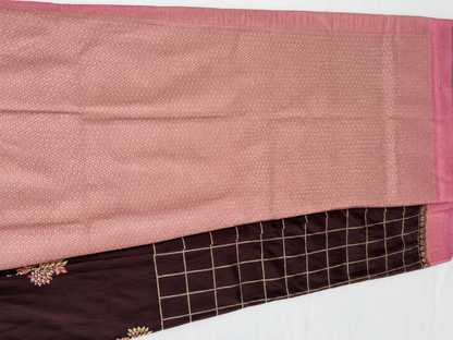 SareeFusion Floral Print Chanderi Raw Silk Saree (Brown)