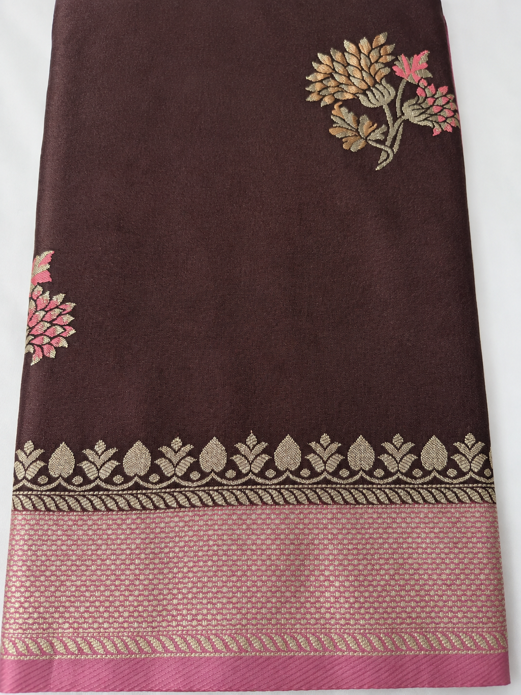 Elegant Silk Saree - SareeFusion Floral Print Chanderi Raw Silk in Brown - Saree Fusion