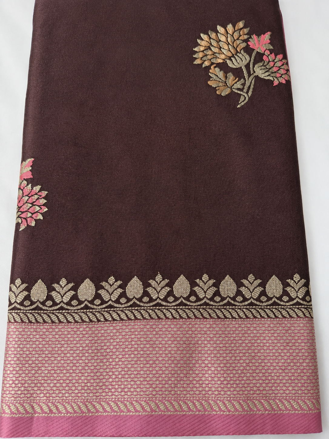 SareeFusion Floral Print Chanderi Raw Silk Saree (Brown)