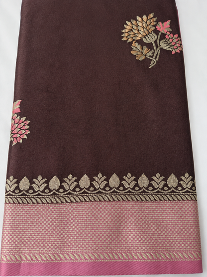 SareeFusion Floral Print Chanderi Raw Silk Saree (Brown)