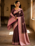 Elegant Silk Saree - SareeFusion Floral Print Chanderi Raw Silk in Brown - Saree Fusion