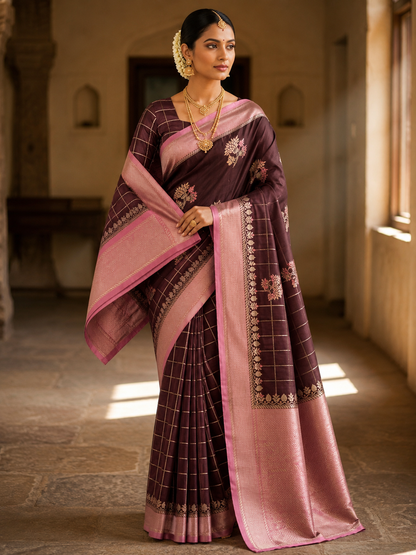 SareeFusion Floral Print Chanderi Raw Silk Saree (Brown)