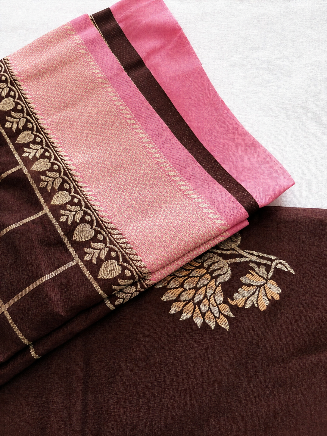 SareeFusion Floral Print Chanderi Raw Silk Saree (Brown)