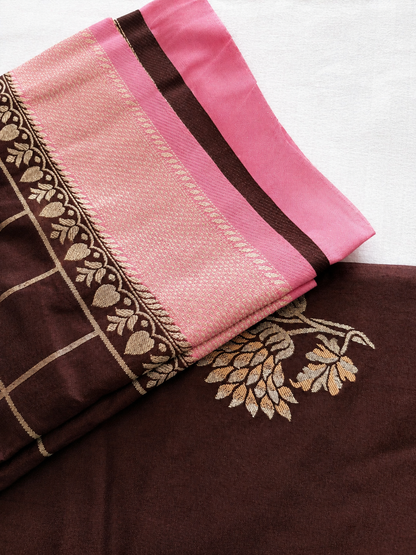 SareeFusion Floral Print Chanderi Raw Silk Saree (Brown)