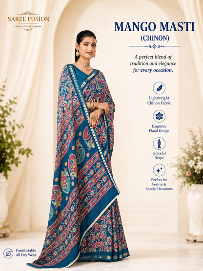 Premium Chinon Floral Print Saree with Elegant Woven Border