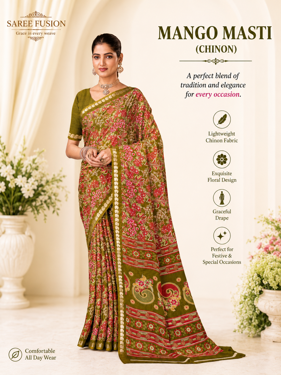 Premium Chinon Floral Print Saree with Elegant Woven Border