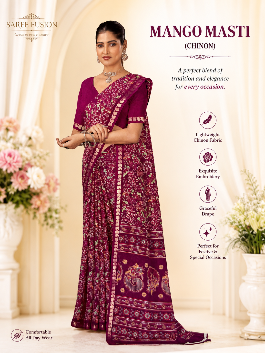 Premium Chinon Floral Print Saree with Elegant Woven Border