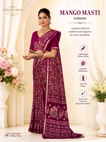 Premium Chinon Floral Print Saree with Elegant Woven Border
