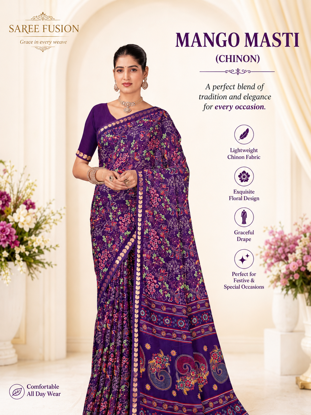 Premium Chinon Floral Print Saree with Elegant Woven Border