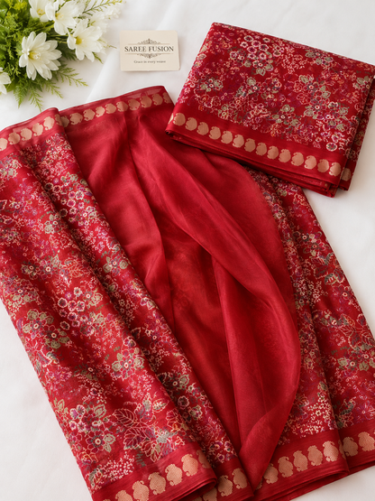 Premium Chinon Floral Print Saree with Elegant Woven Border