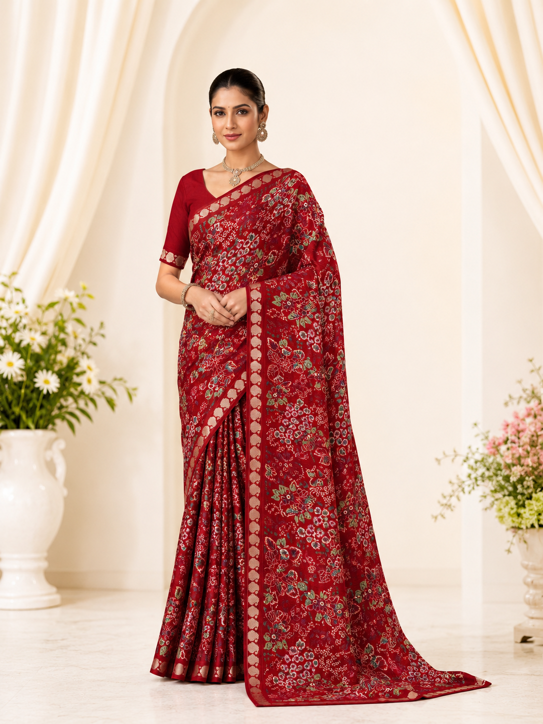 Premium Chinon Floral Print Saree with Elegant Woven Border