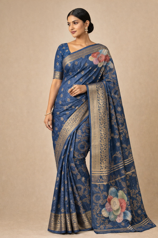 Banarasi Silk Blend Saree with Woven Zari Border & Floral Pallu