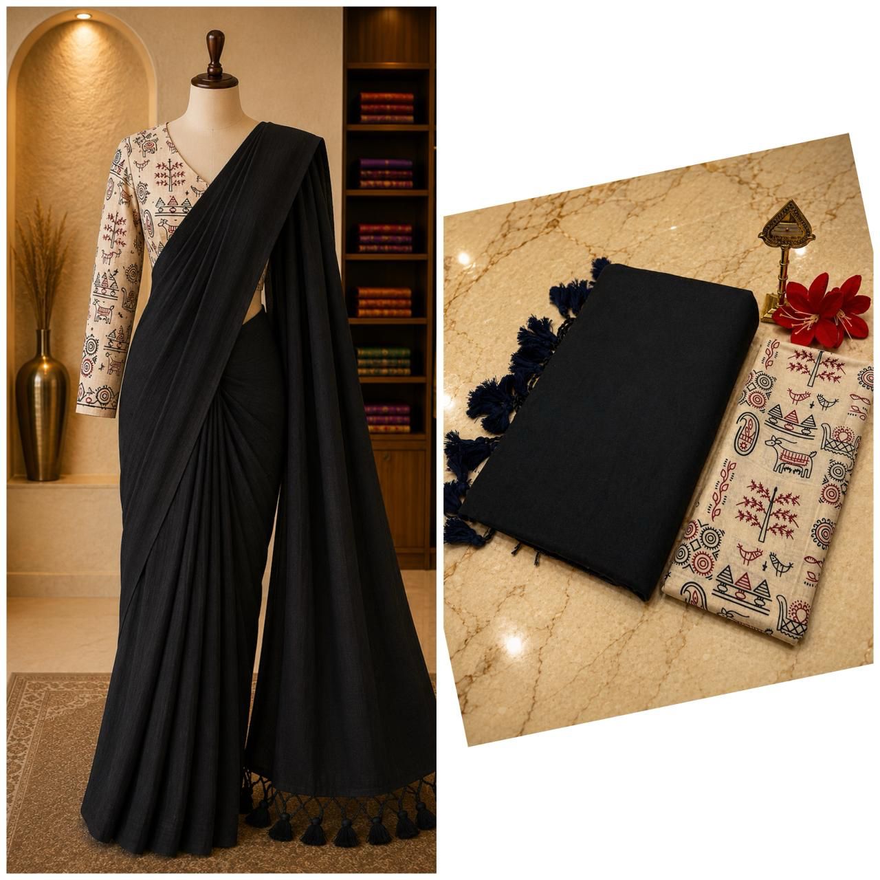 Elegant Handloom Cotton Saree with Kalamkari Pattern Blouse
