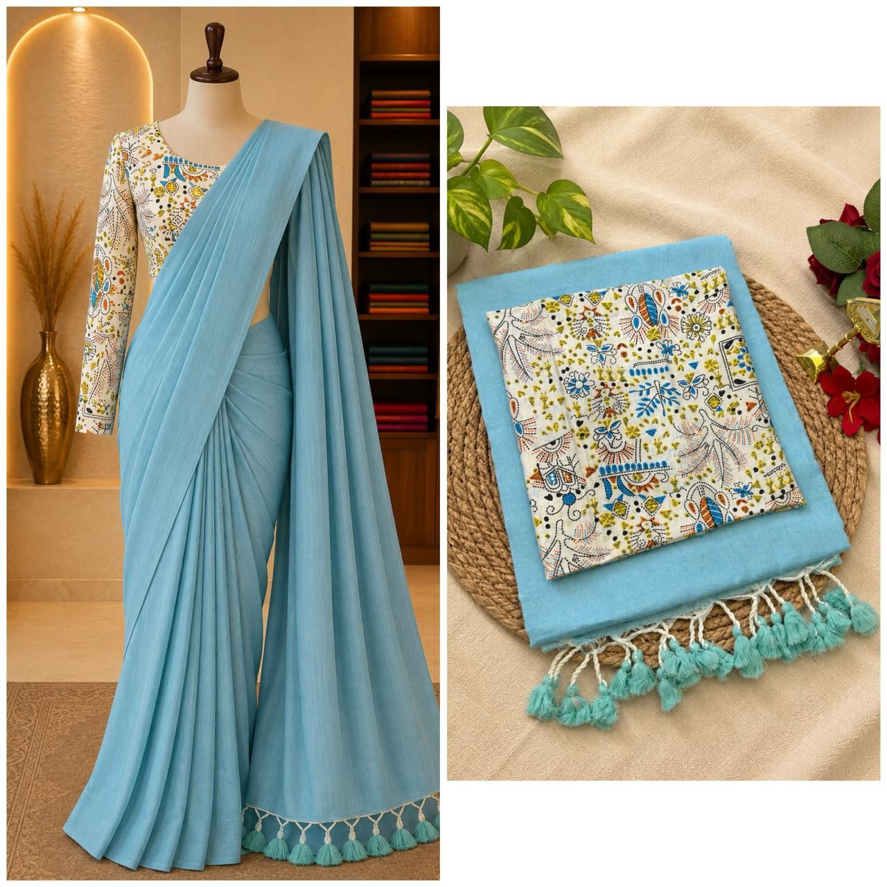 Elegant Handloom Cotton Saree with Kalamkari Pattern Blouse