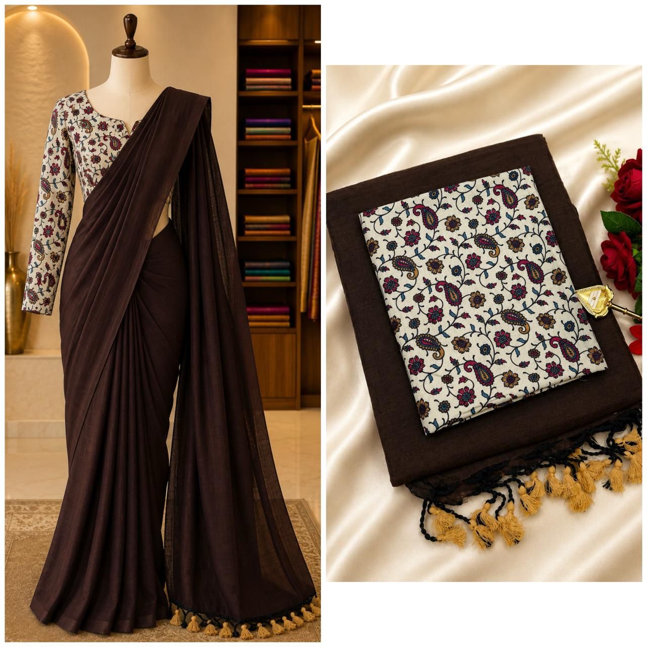 Elegant Handloom Cotton Saree with Kalamkari Pattern Blouse