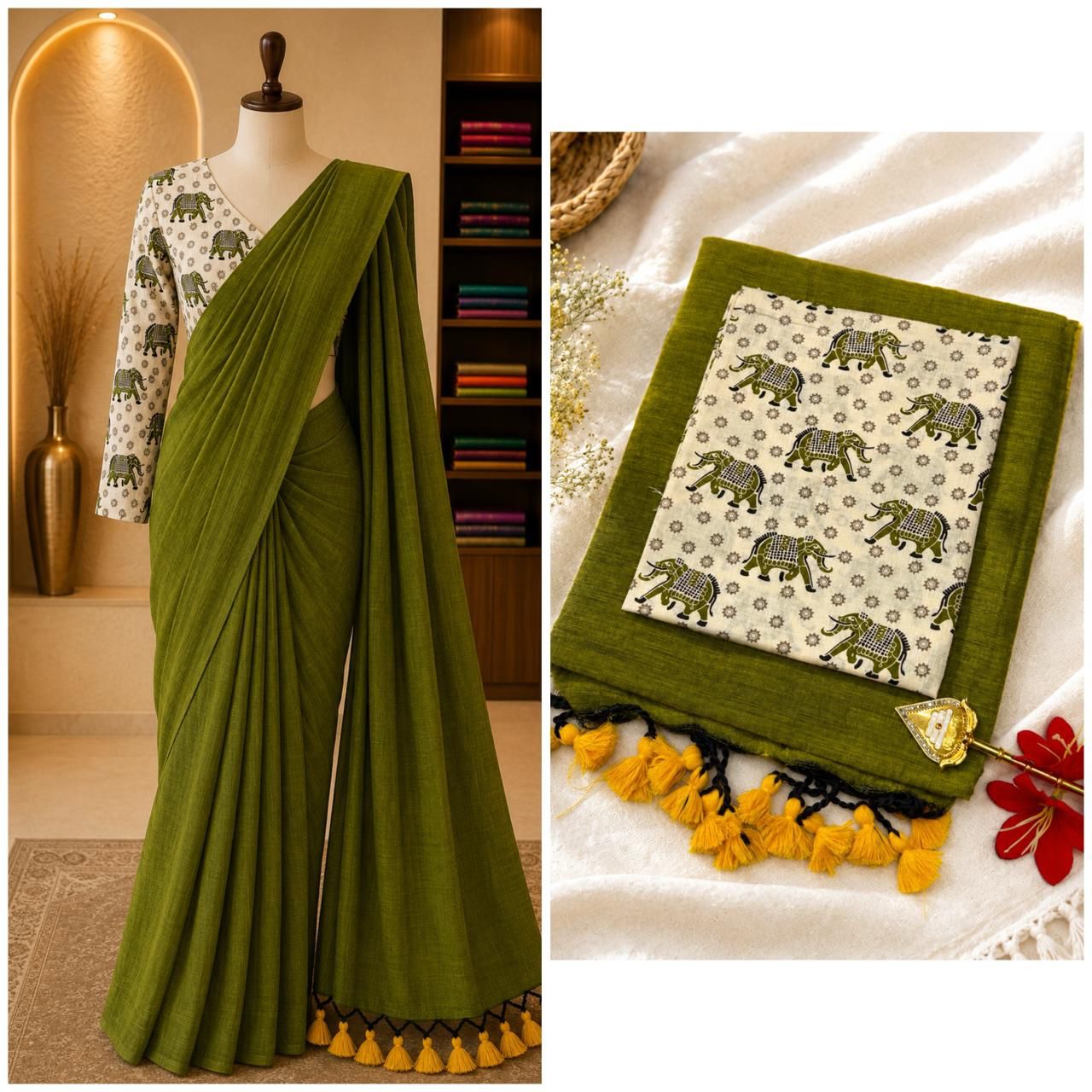 Elegant Handloom Cotton Saree with Kalamkari Pattern Blouse