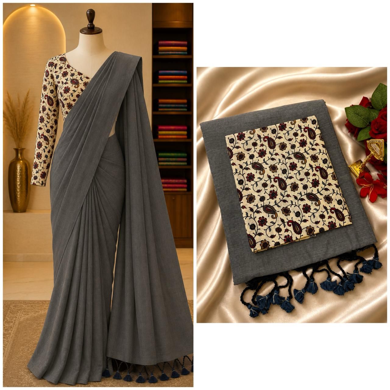 Elegant Handloom Cotton Saree with Kalamkari Pattern Blouse
