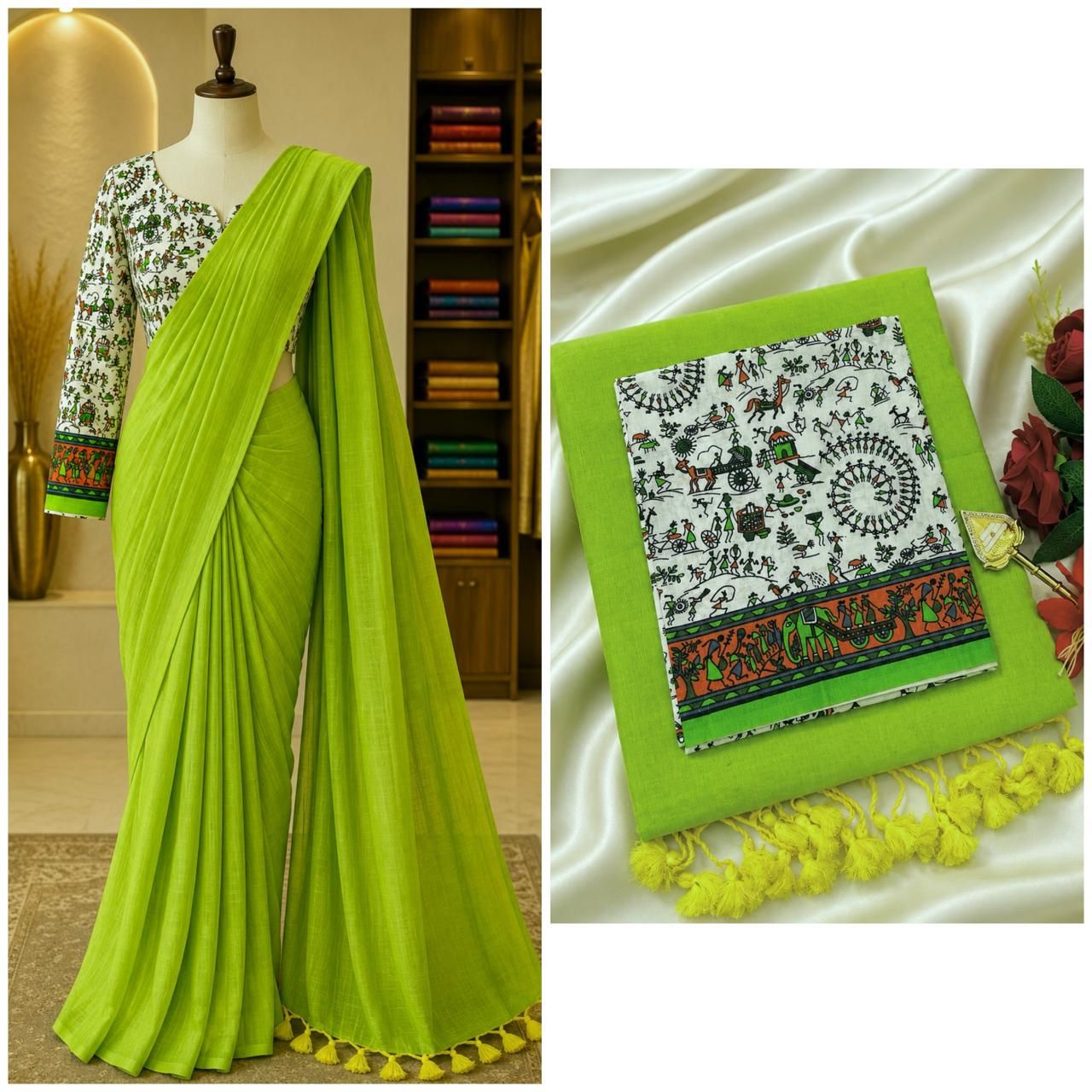 Elegant Handloom Cotton Saree with Kalamkari Pattern Blouse