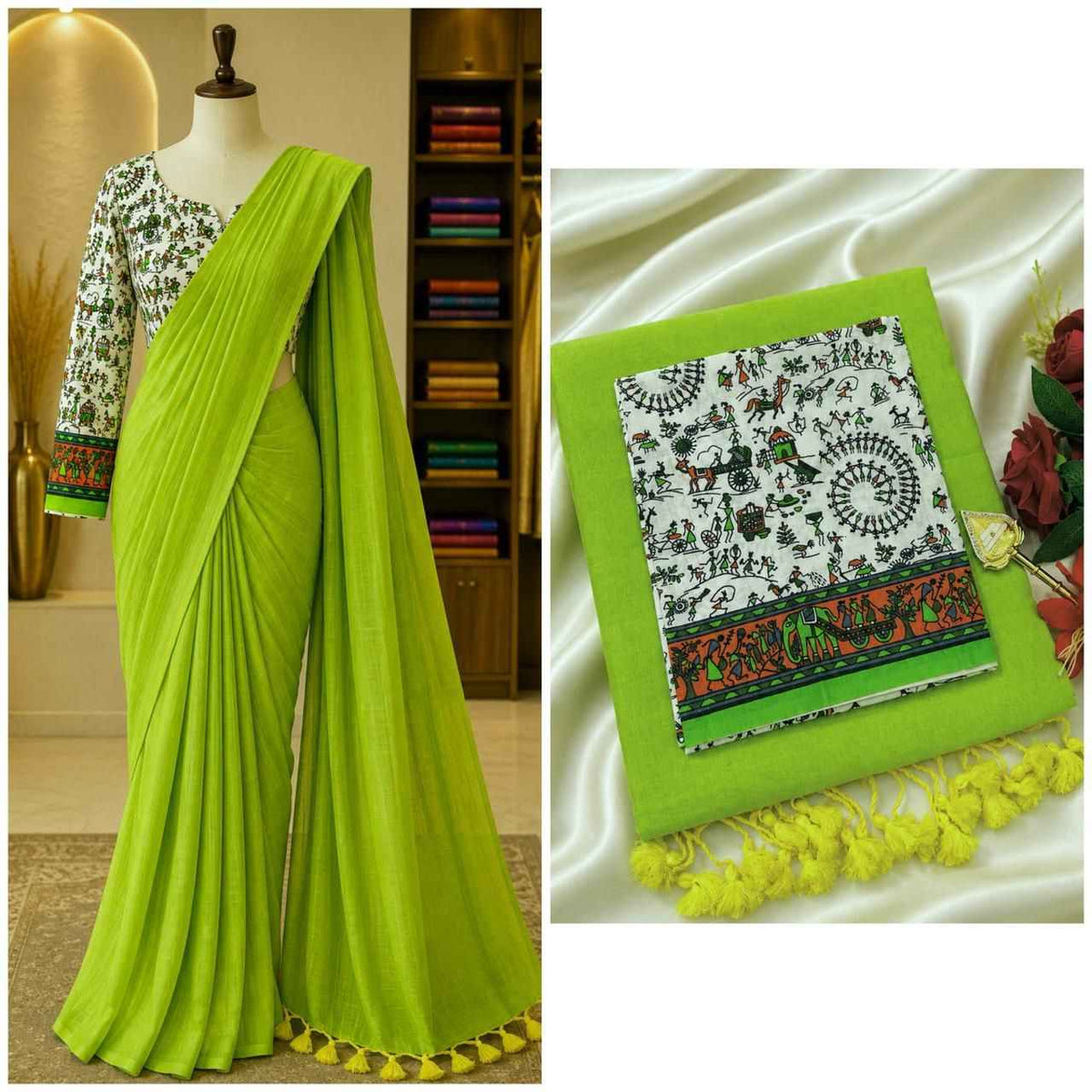 Shop Elegant Cotton Sarees Online – Handloom Beauty with Kalamkari Blouse - Saree Fusion