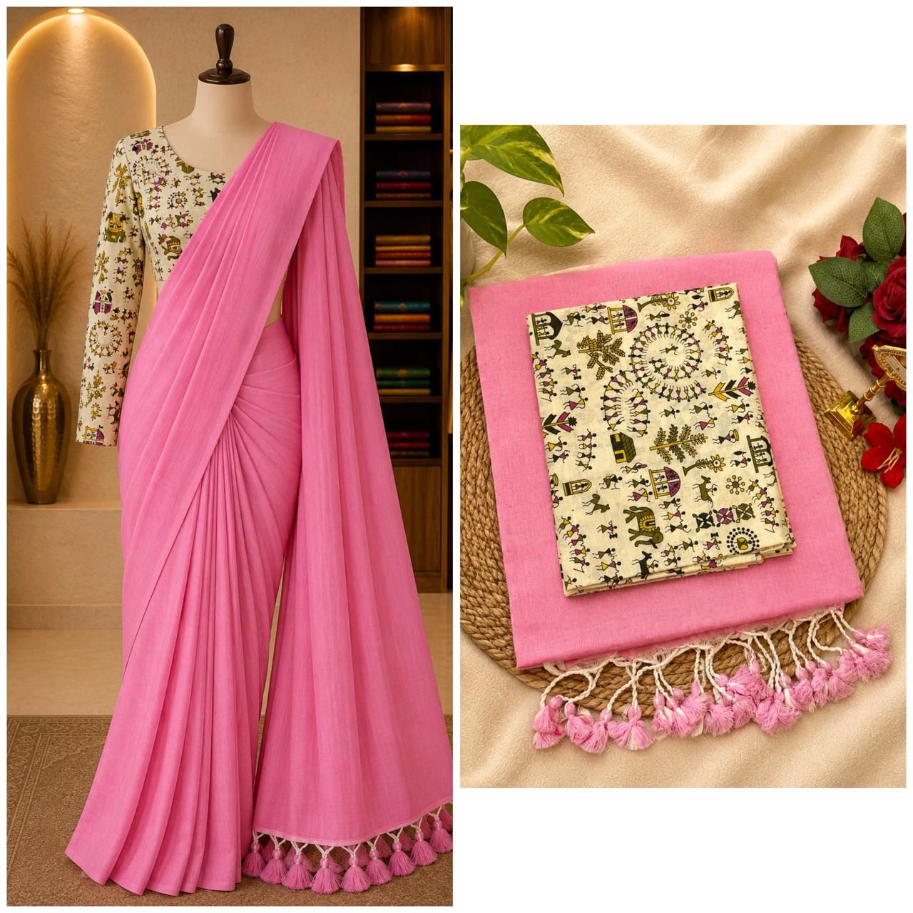 Elegant Handloom Cotton Saree with Kalamkari Pattern Blouse