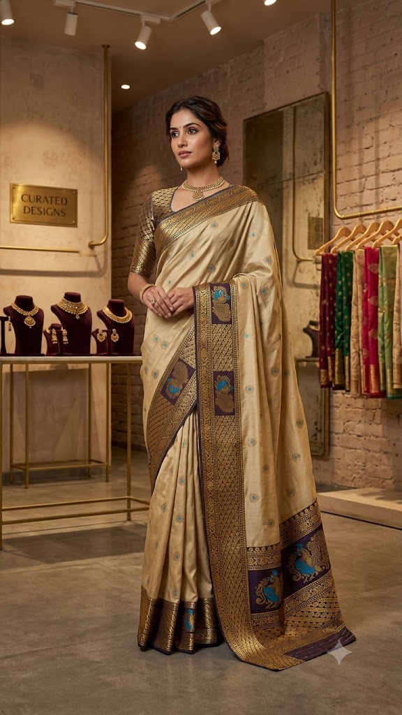 Traditional Handloom Silk Saree with Zari Woven Border and Elephant Motifs