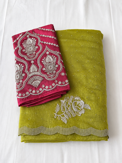 Silver Rose Designer Fancy Saree with Silver Floral Embroidery