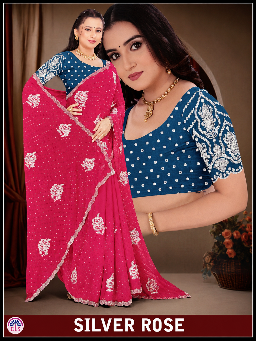 Silver Rose Designer Fancy Saree with Silver Floral Embroidery
