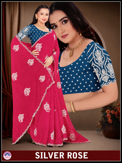Silver Rose Designer Fancy Saree with Silver Floral Embroidery