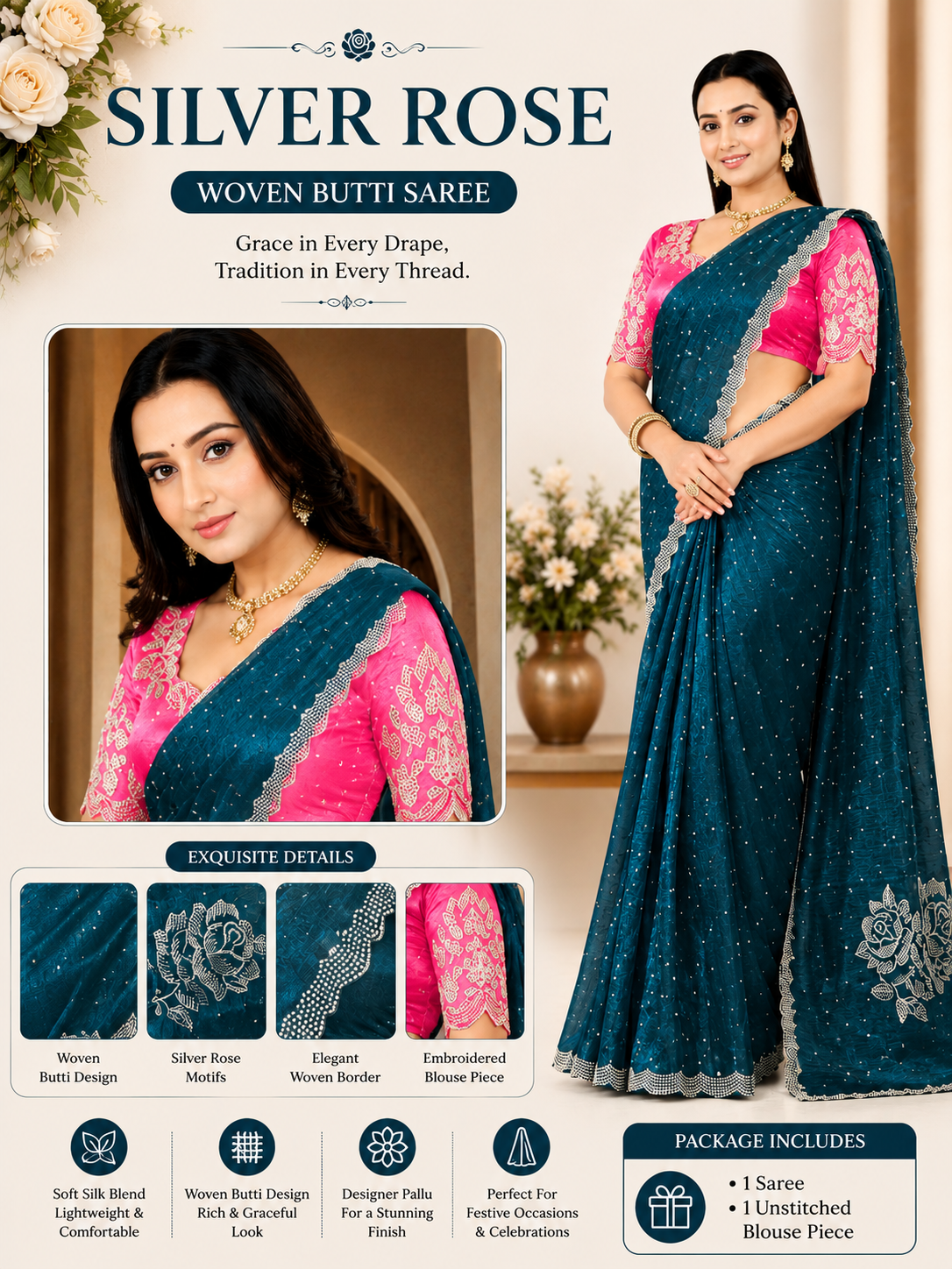 Silver Rose Designer Fancy Saree with Silver Floral Embroidery