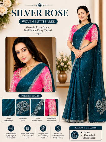 Silver Rose Designer Fancy Saree with Silver Floral Embroidery