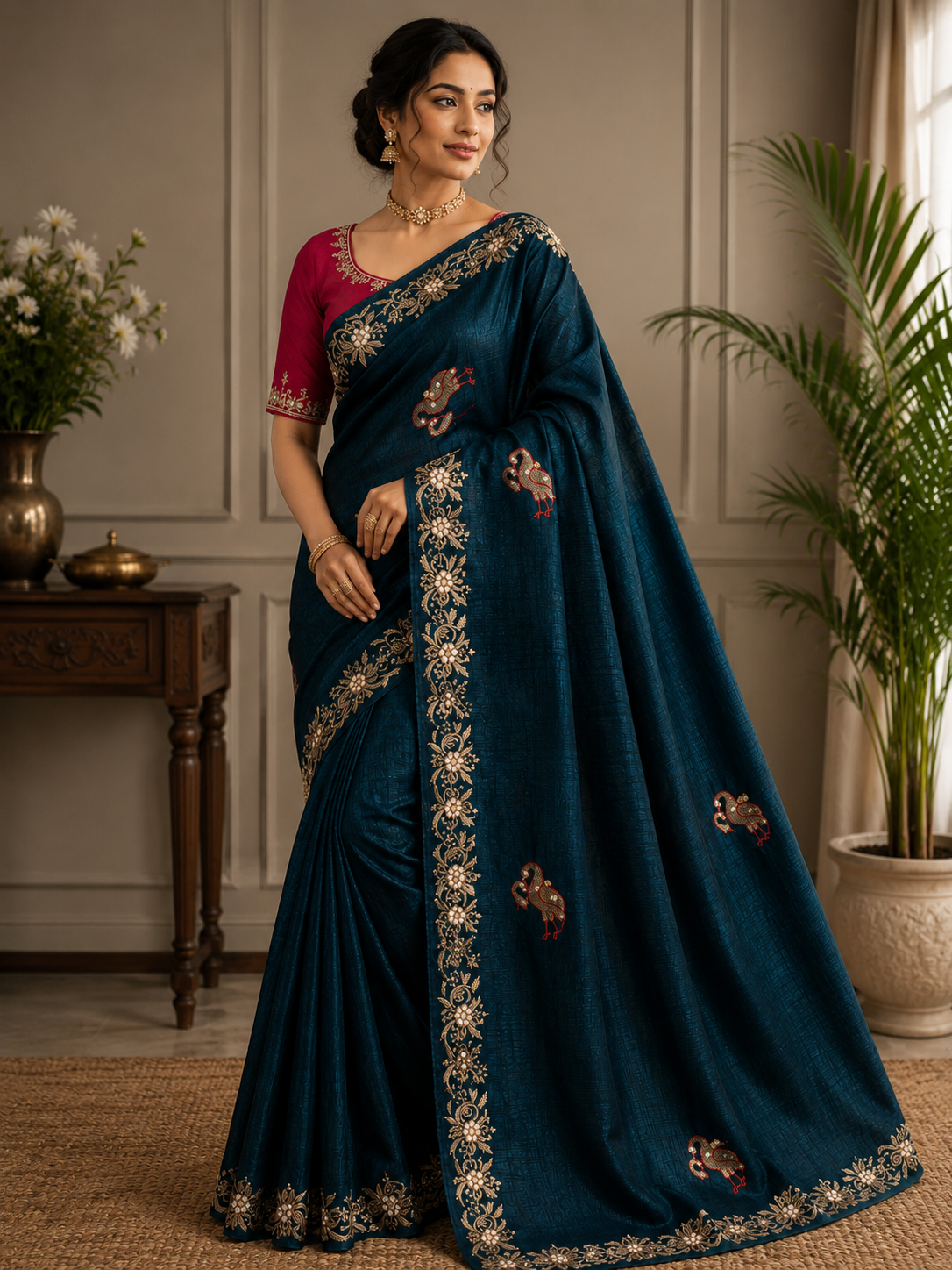 Pearl Work Bird Motifs Saree with Yellow Blouse Floral Border