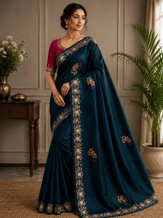 Pearl Work Bird Motifs Saree with Yellow Blouse Floral Border