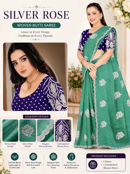 Silver Rose Designer Fancy Saree with Silver Floral Embroidery
