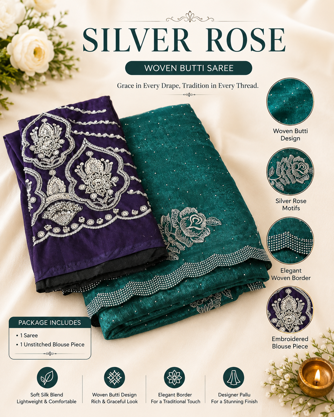 Silver Rose Designer Fancy Saree with Silver Floral Embroidery