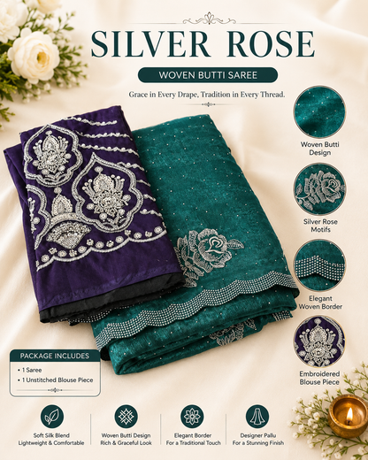Silver Rose Designer Fancy Saree with Silver Floral Embroidery