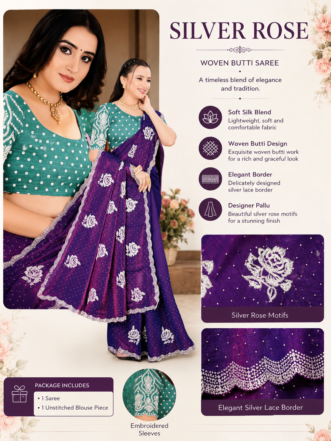 Silver Rose Designer Fancy Saree with Silver Floral Embroidery