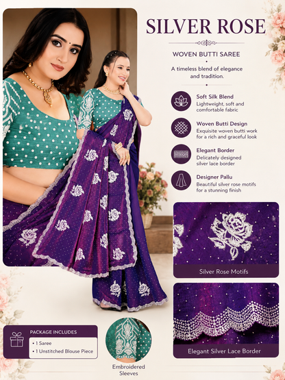 Silver Rose Designer Fancy Saree with Silver Floral Embroidery