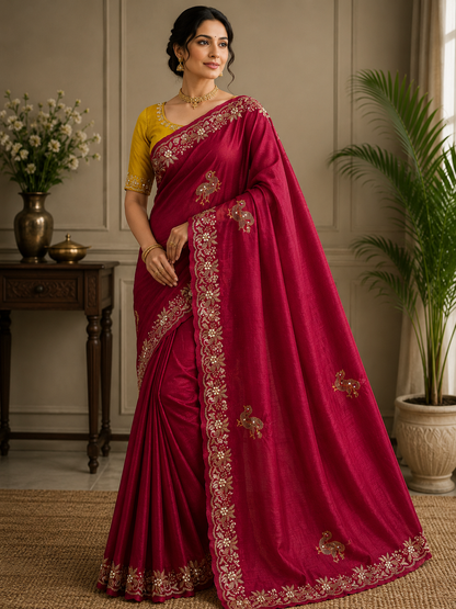 Pearl Work Bird Motifs Saree with Yellow Blouse Floral Border