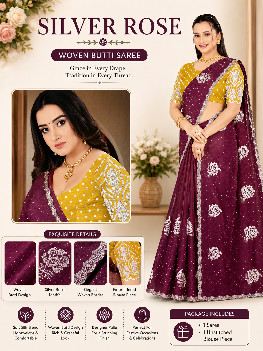 Silver Rose Designer Fancy Saree with Silver Floral Embroidery
