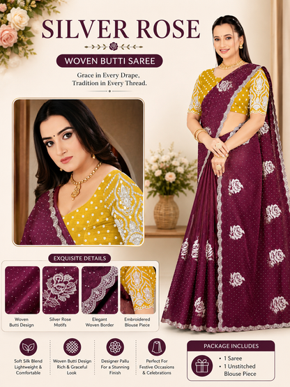 Silver Rose Designer Fancy Saree with Silver Floral Embroidery